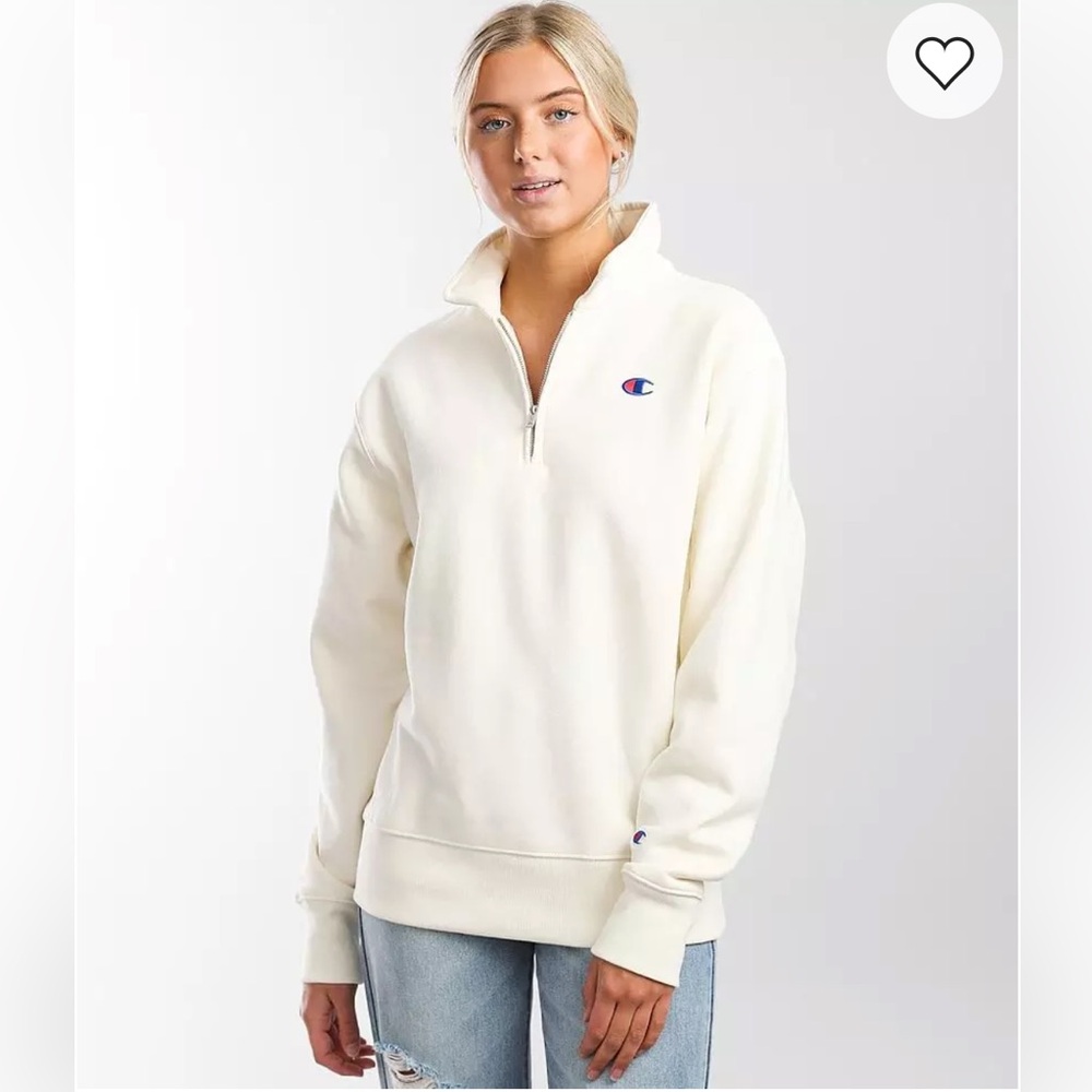 Champion Zig Zag Mock Neck 1/4 Zip Pullover Sweatshirt Unbleached Cotton Size L